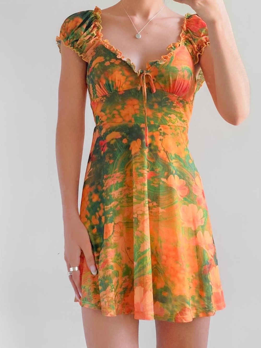 Urban Outfitters Orange & Green Floral Ruffle-Strap Mini Dress